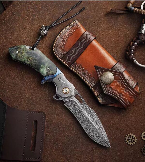 Damascus Feather Blade Folding Knife with Premium Handle - HikingElements
