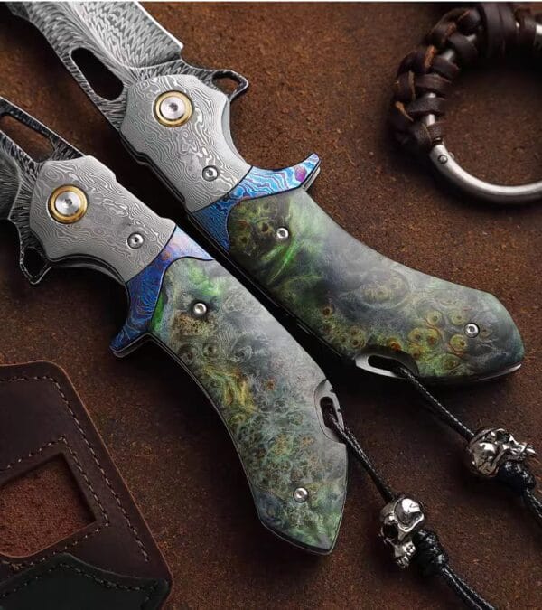 Damascus Feather Blade Folding Knife with Premium Handle - HikingElements