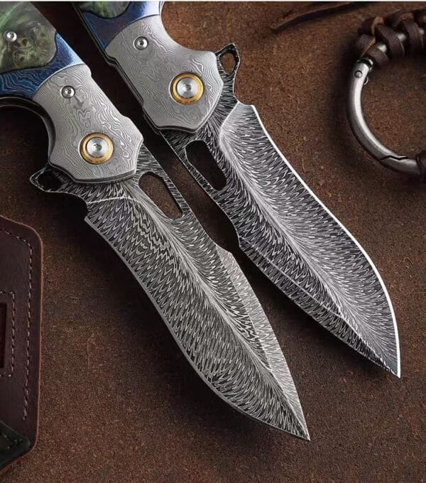 Damascus Feather Blade Folding Knife with Premium Handle - HikingElements
