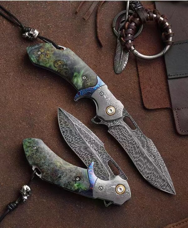 Damascus Feather Blade Folding Knife with Premium Handle - HikingElements