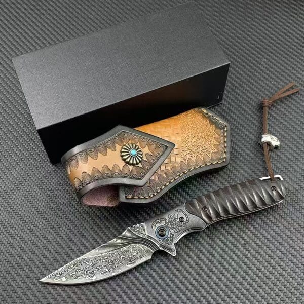 VG10 Damascus Folding Knife with Wood Handle and Leather Sheath - HikingElements