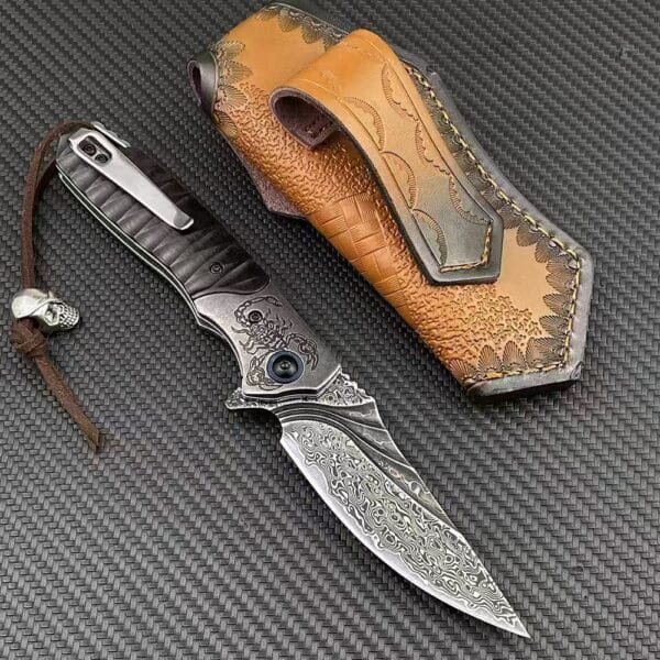 VG10 Damascus Folding Knife with Wood Handle and Leather Sheath - HikingElements