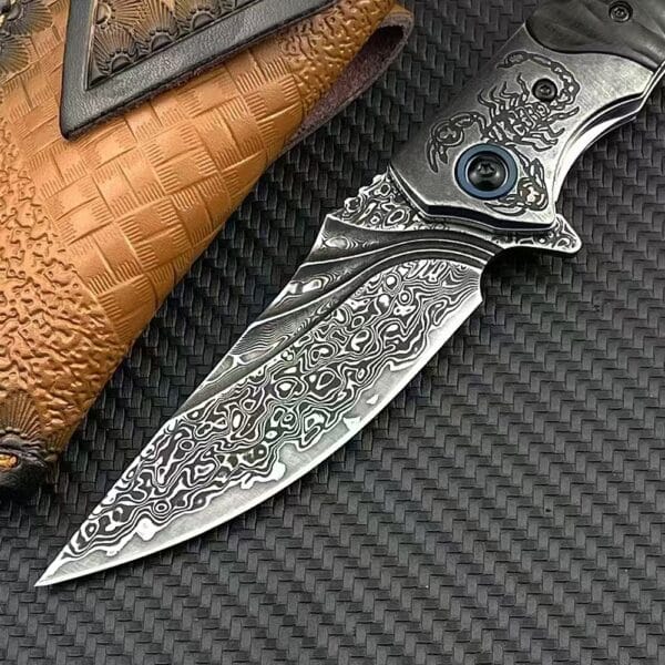 VG10 Damascus Folding Knife with Wood Handle and Leather Sheath - HikingElements