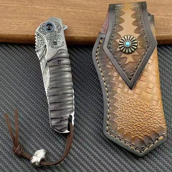 VG10 Damascus Folding Knife with Wood Handle and Leather Sheath - HikingElements