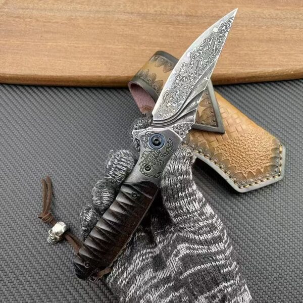 VG10 Damascus Folding Knife with Wood Handle and Leather Sheath - HikingElements