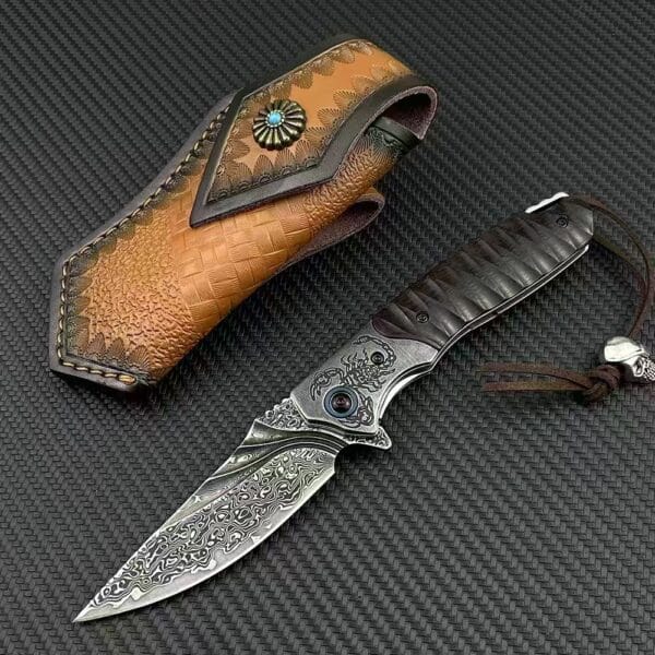 VG10 Damascus Folding Knife with Wood Handle and Leather Sheath - HikingElements