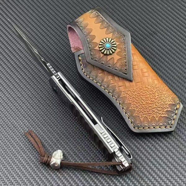 VG10 Damascus Folding Knife with Wood Handle and Leather Sheath - HikingElements