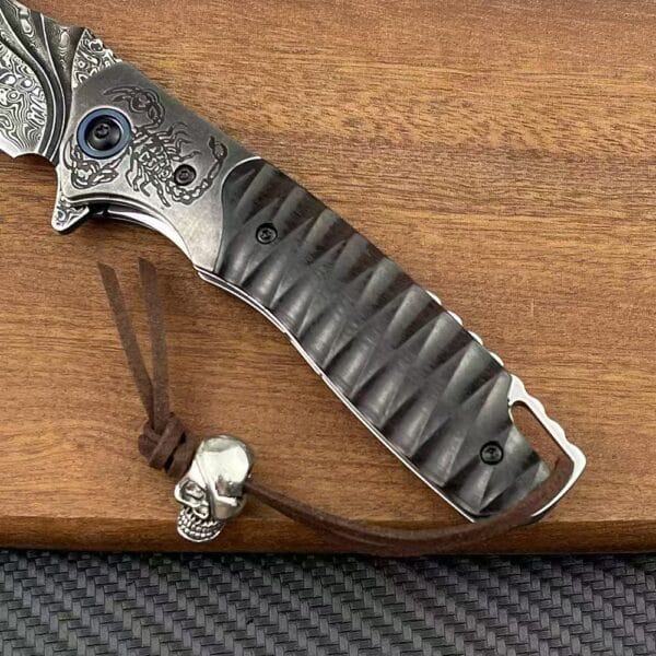 VG10 Damascus Folding Knife with Wood Handle and Leather Sheath - HikingElements