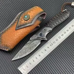 VG10 Damascus Folding Knife with Wood Handle and Leather Sheath - HikingElements