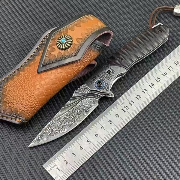 VG10 Damascus Folding Knife with Wood Handle and Leather Sheath - HikingElements