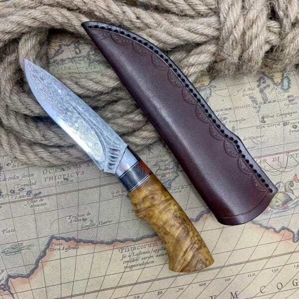 Handmade VG10 Damascus Hunting Knife with Leather Sheath - HikingElements
