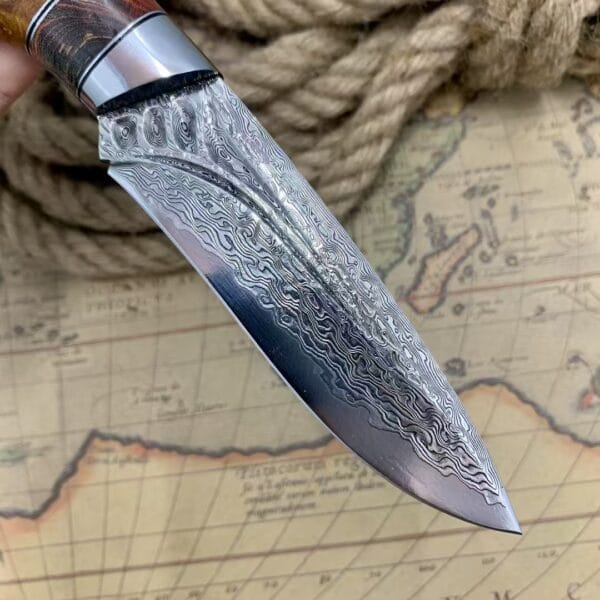 Handmade VG10 Damascus Hunting Knife with Leather Sheath - HikingElements