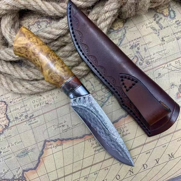 Handmade VG10 Damascus Hunting Knife with Leather Sheath - HikingElements