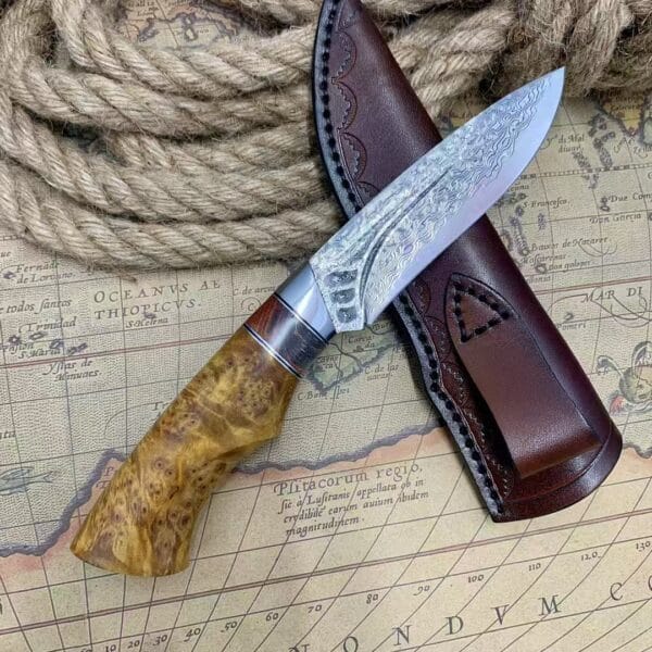 Handmade VG10 Damascus Hunting Knife with Leather Sheath - HikingElements