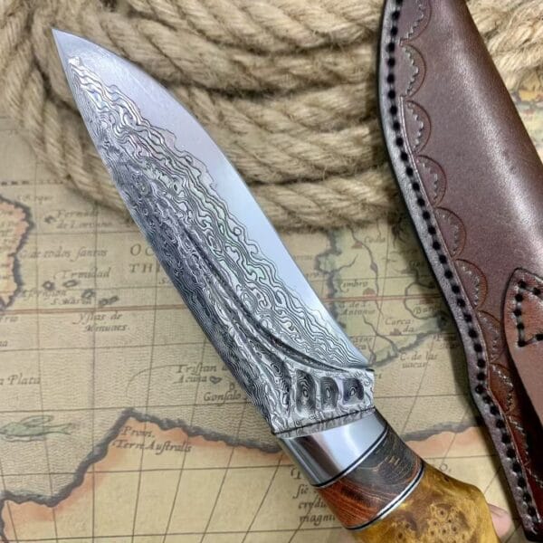 Handmade VG10 Damascus Hunting Knife with Leather Sheath - HikingElements