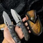 78-Layer Damascus Folding Knife with Stabilized Wood Handle - HikingElements