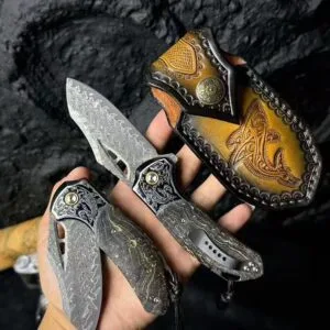 78-Layer Damascus Folding Knife with Stabilized Wood Handle - HikingElements