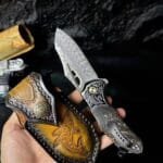 78-Layer Damascus Folding Knife with Stabilized Wood Handle - HikingElements