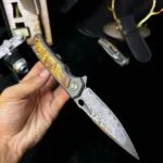 Damascus Steel Folding Knife with Titanium and White Shadow Wood Handle - HikingElements