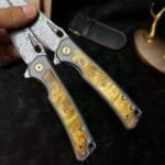 Damascus Steel Folding Knife with Titanium and White Shadow Wood Handle - HikingElements