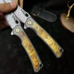 Damascus Steel Folding Knife with Titanium and White Shadow Wood Handle - HikingElements