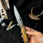 Damascus Steel Folding Knife with Titanium and White Shadow Wood Handle - HikingElements