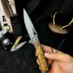 Damascus Steel Folding Knife with Titanium and White Shadow Wood Handle - HikingElements