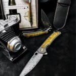 Damascus Steel Folding Knife with Titanium and White Shadow Wood Handle - HikingElements