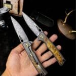 Damascus Steel Folding Knife with Titanium and White Shadow Wood Handle - HikingElements