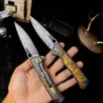 Damascus Steel Folding Knife with Titanium and White Shadow Wood Handle - HikingElements