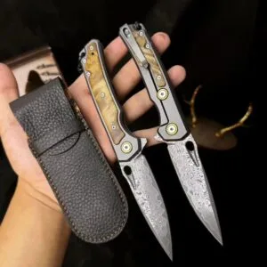 Damascus Steel Folding Knife with Titanium and White Shadow Wood Handle - HikingElements